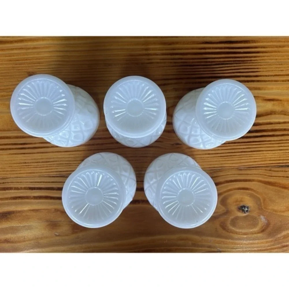5-PC‎ Milk Glass Footed Drinking Goblet Cups Diamond Geometric 3D Design